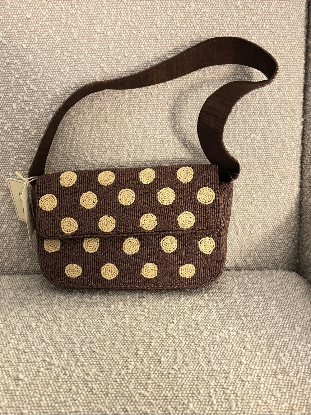 Polka Dot Brown Crossbody Bag with Beaded Detail